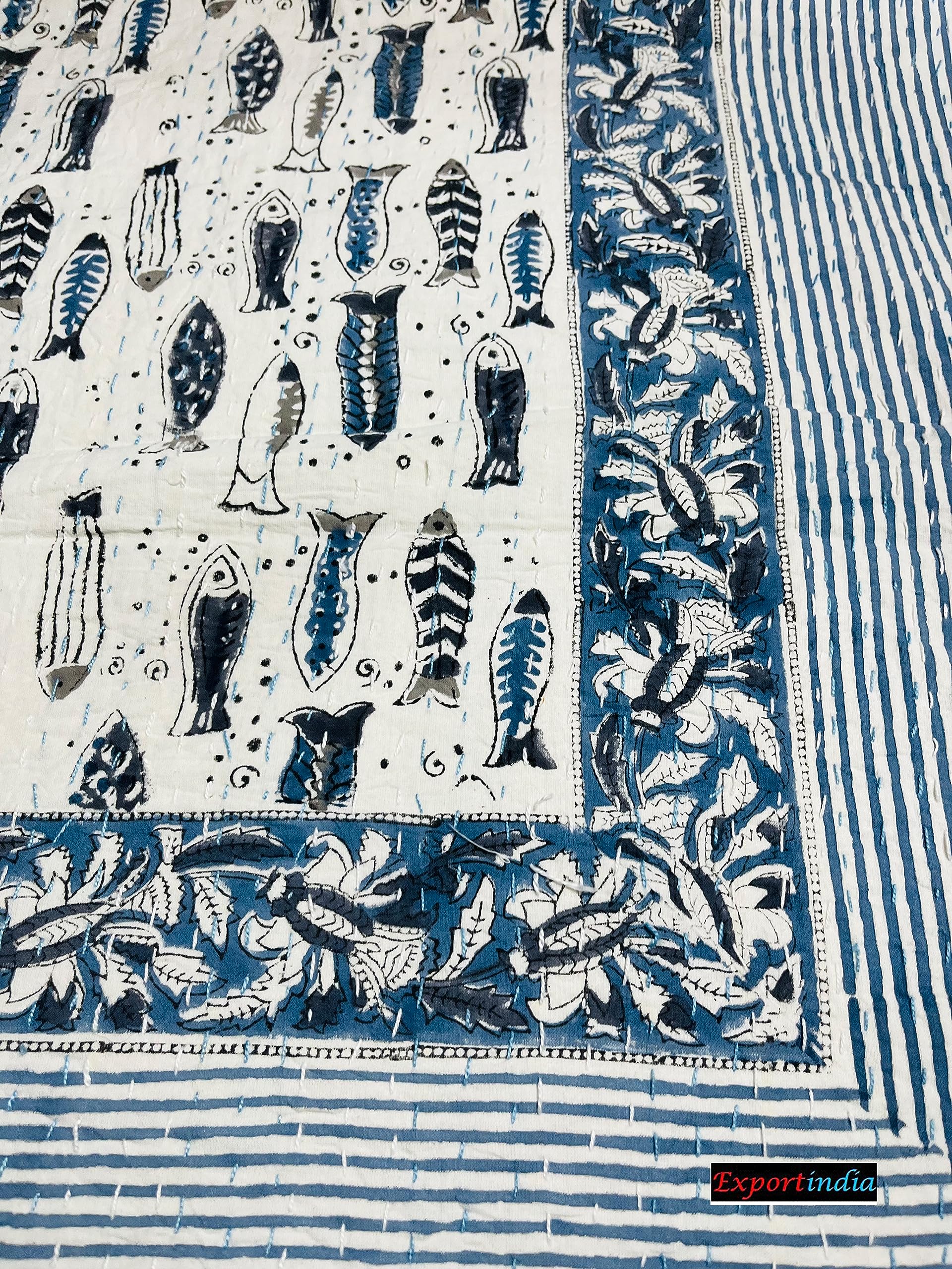 Exportindia New Indian Hand Block Print 100% Cotton Kantha Quilt Jaipuri Fish Print King/Queen Size 90x108 Inch