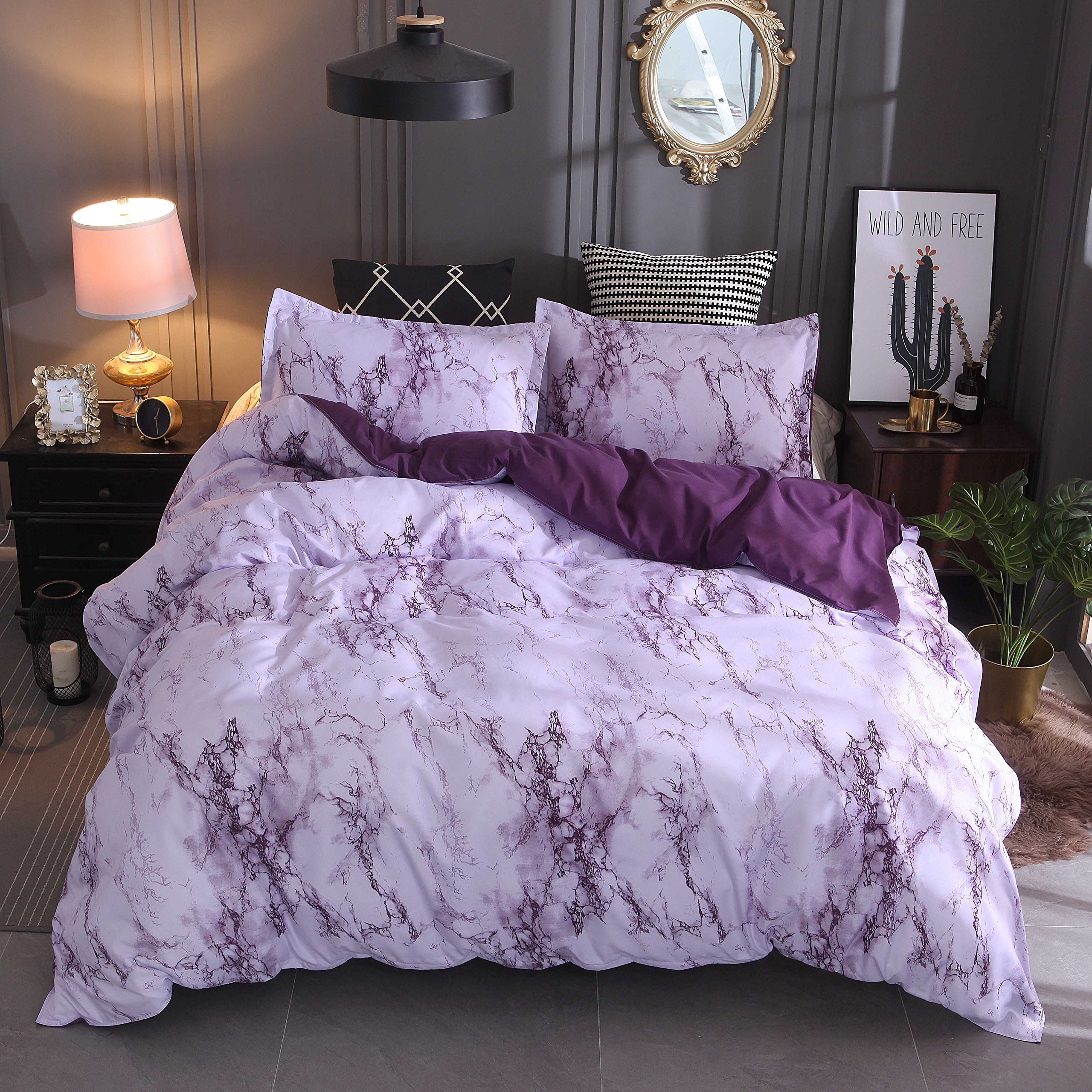 Housse de couette marbre 200x230cm respirante et parure de lit violette 3 pièces