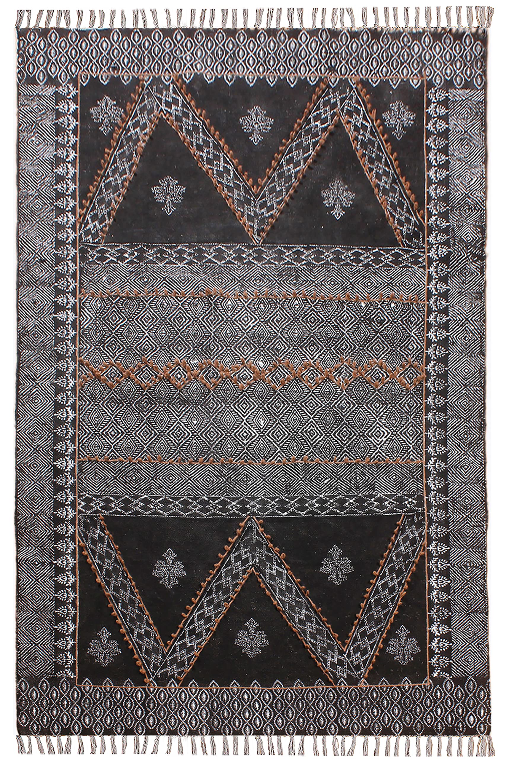 Tappeto da bagno in cotone intrecciato a mano con nappe stampa a blocchi di mano, tappetino per interni Boho per camera da letto, soggiorno, lavanderia