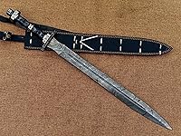 Vista 1 de Espada vikinga de acero de Damasco forjada a mano, espada medieval hecha a mano con funda de cuero.