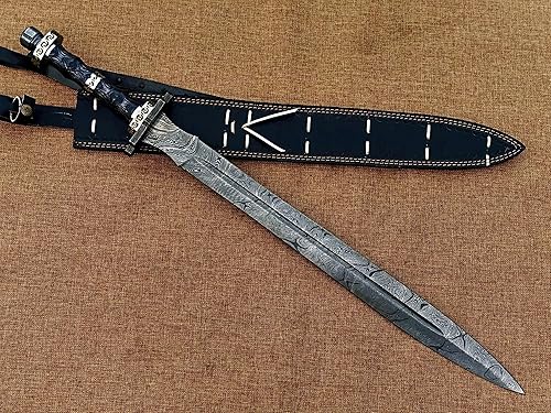 Espada vikinga de acero de Damasco forjada a mano, espada medieval hecha a mano con funda de cuero.