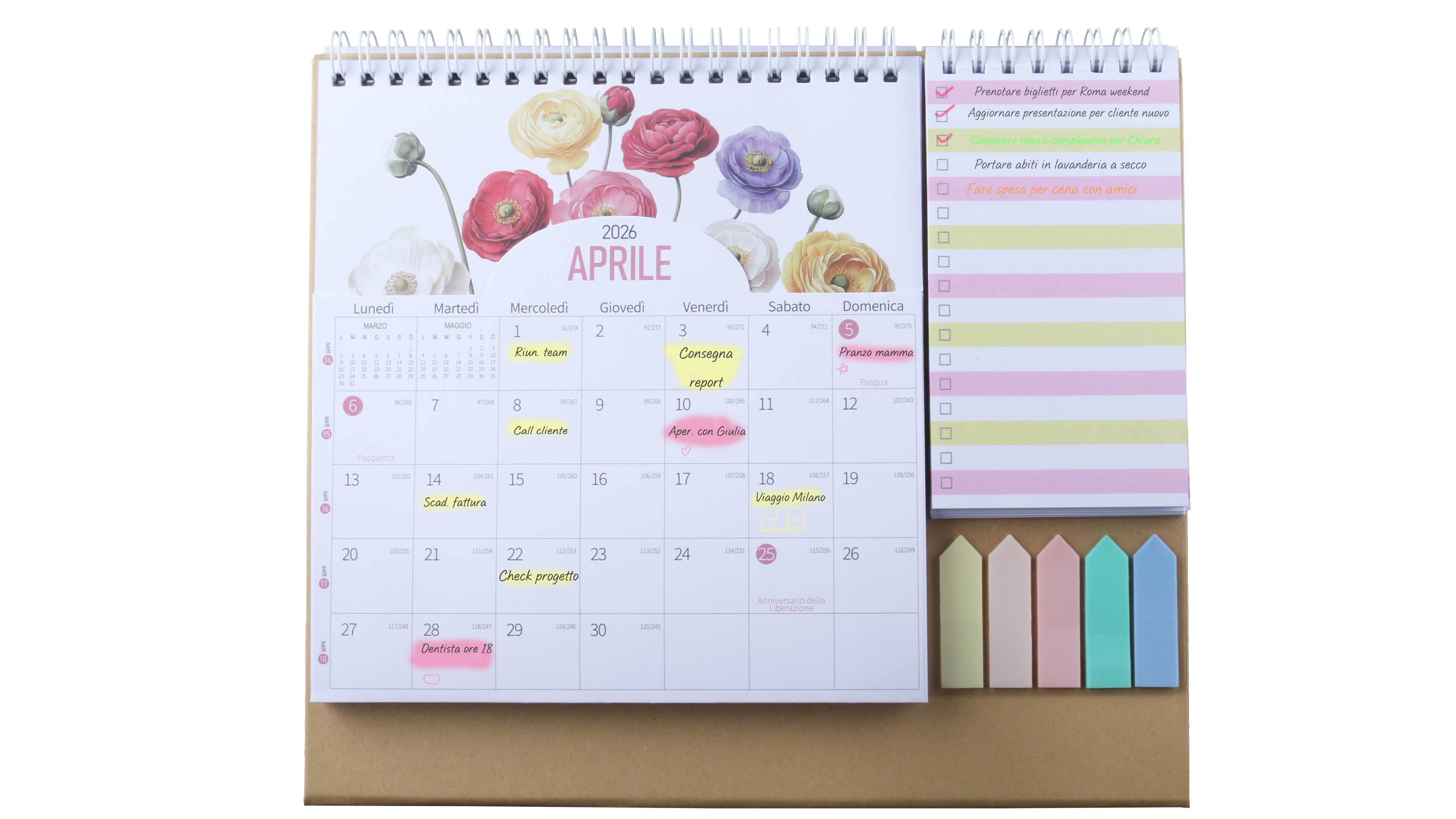 Calendario Da Tavolo 2026 GWHOLE In Italiano - Con Mini-memo, Etichette Colorate, Obiettivi Mensili (per Scuola, Ufficio, Casa)