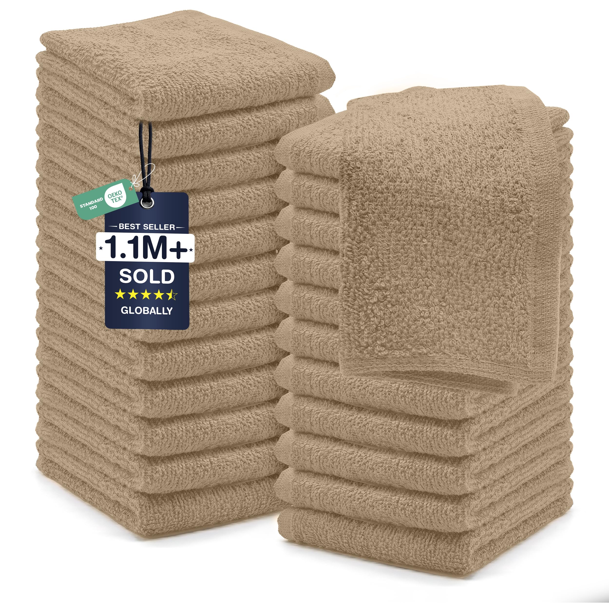 DAN RIVER 24 Pack Cotton Wash Cloths Set for Showering [12x12] Tan