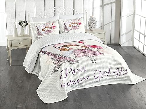Ambesonne Colcha de París, diseño de niña con globos, corazones, nube y torre Eiffel, juego de colcha decorativa acolchada de 3 piezas con 2 fundas