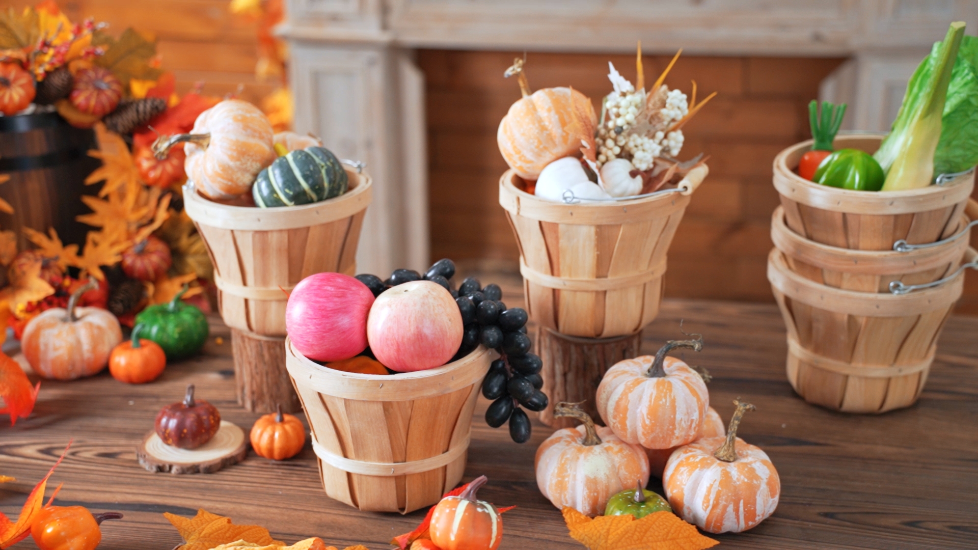 6 Pack Round Wooden Fruit Baskets Small Bushel Apple Buckets