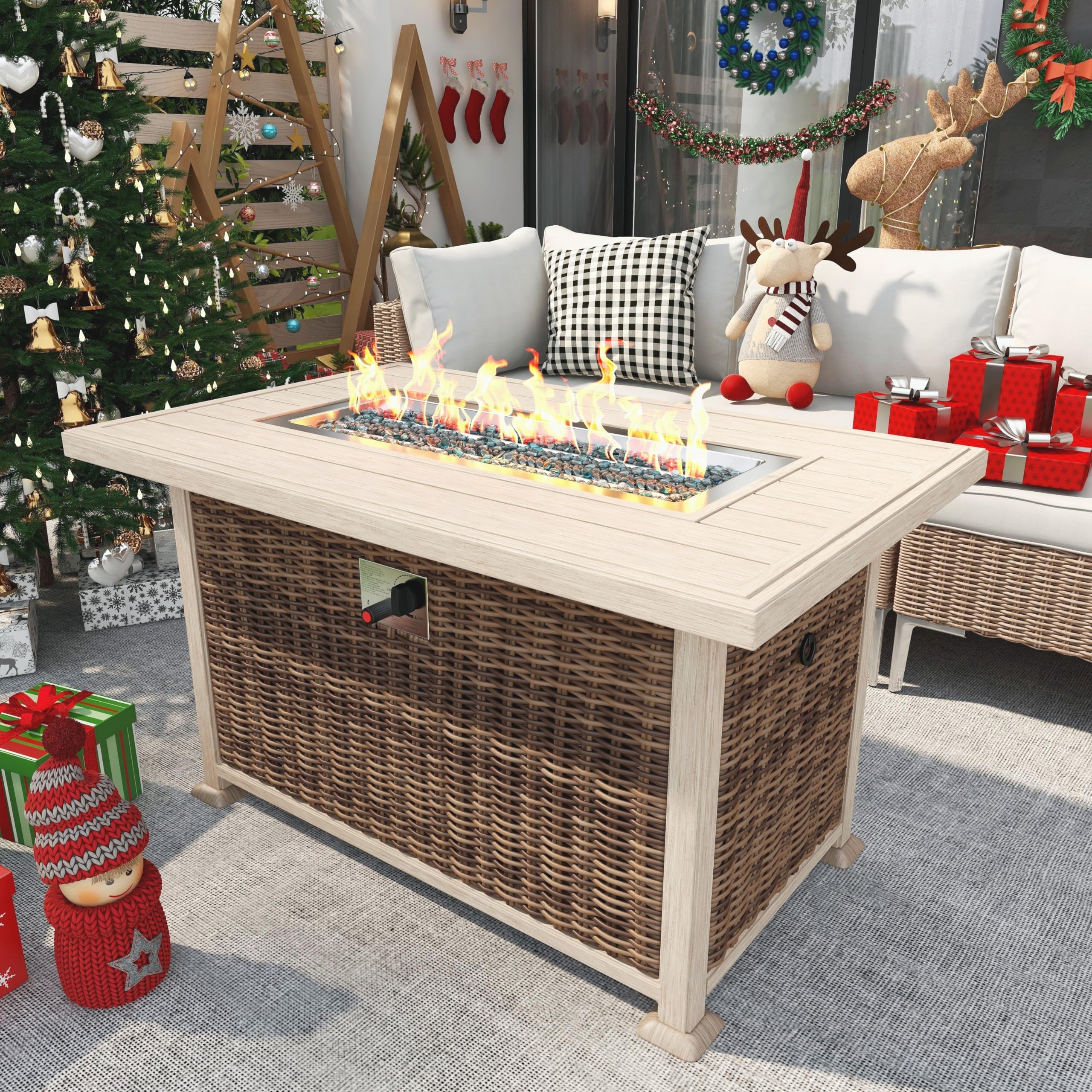 HOMREST44” Propane Fire Pit Table, 50,000 BTU Auto-Ignition Gas Fire Pit Table with CSA Certification, Rectangle Patio Fire Table with Aluminum Table Top, Hand-Woven PE Rattan for Outside(Brown)