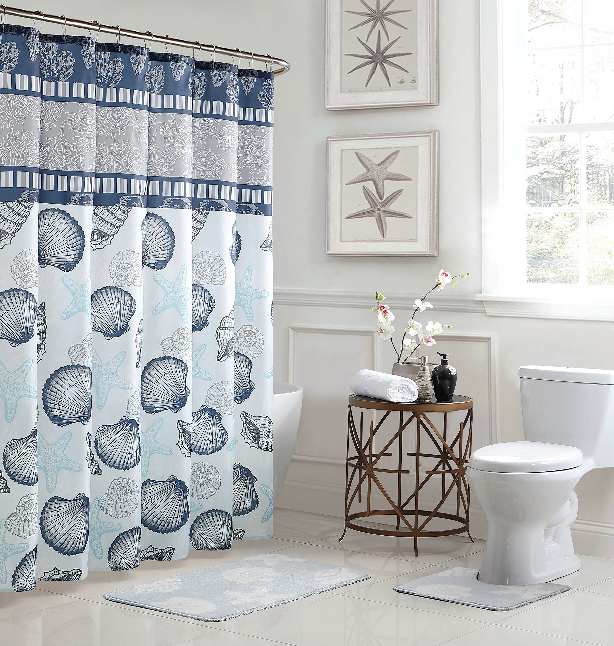 Creative Home Ideas15-Piece Shower Curtain Set, 72"x72", Island Blue/Grey
