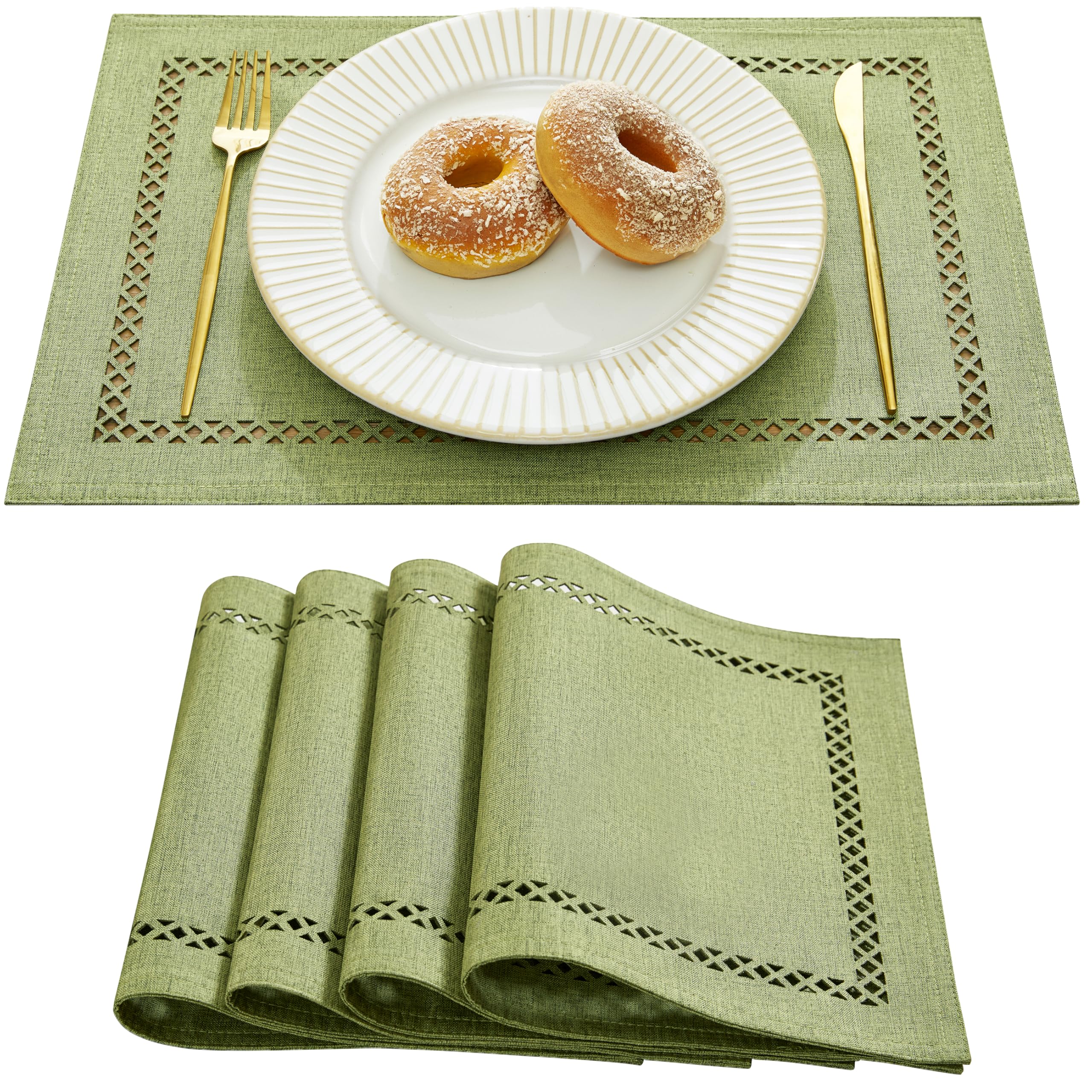 Wracra Boho Linen Style Placemats, 30 x 45 cm, Set of 4 Rustic Place Mats, Unique Two-layer Geometric Hollow Placemats for Dining Holiday Parties and Everyday Use (Sage Green)