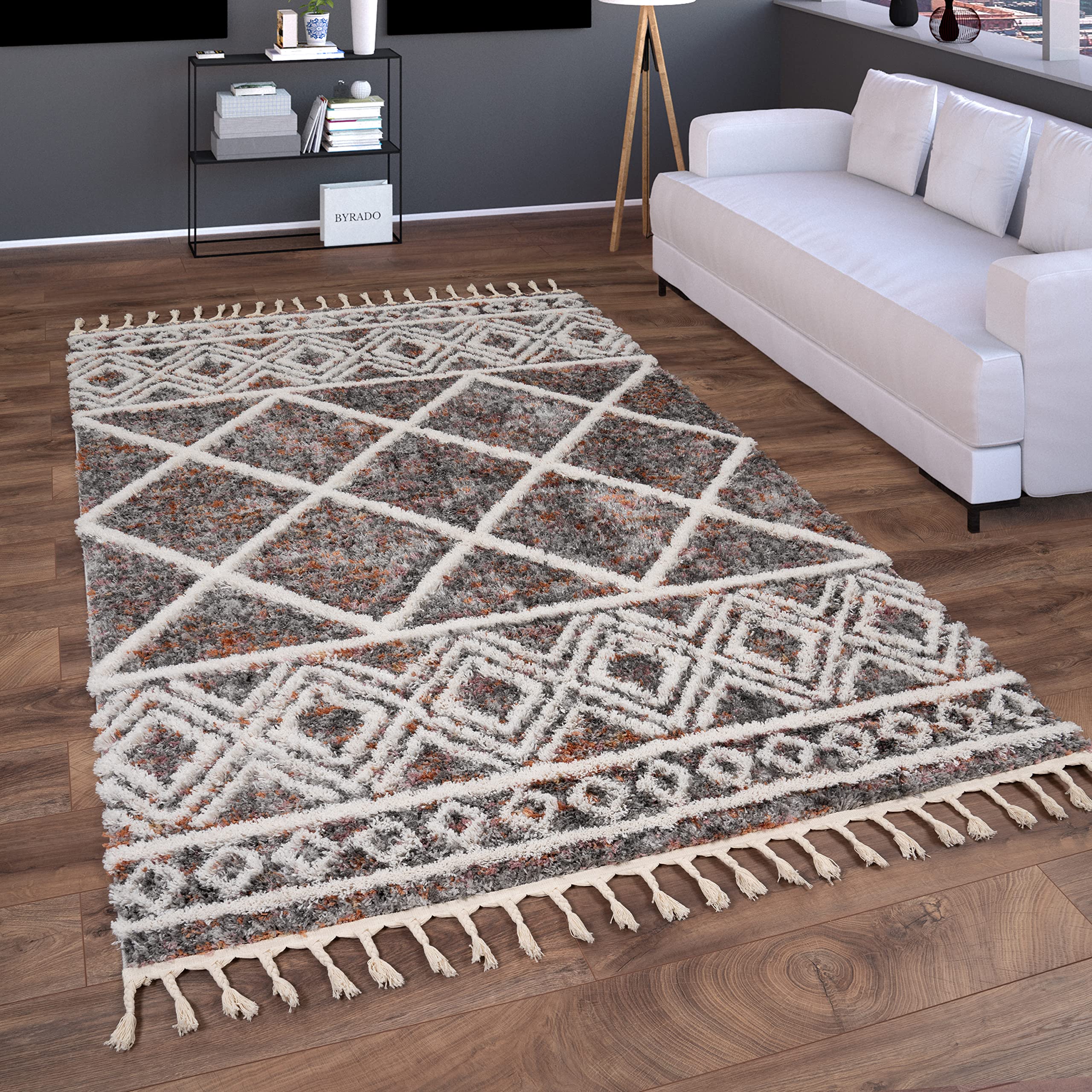 Paco Home Hochflor Teppich Wohnzimmer Schlafzimmer Shaggy Boho Modern Skandinavisch Geometrisches Rautenmuster Fransen, Grösse:160x220 cm, Farbe:Bunt 4