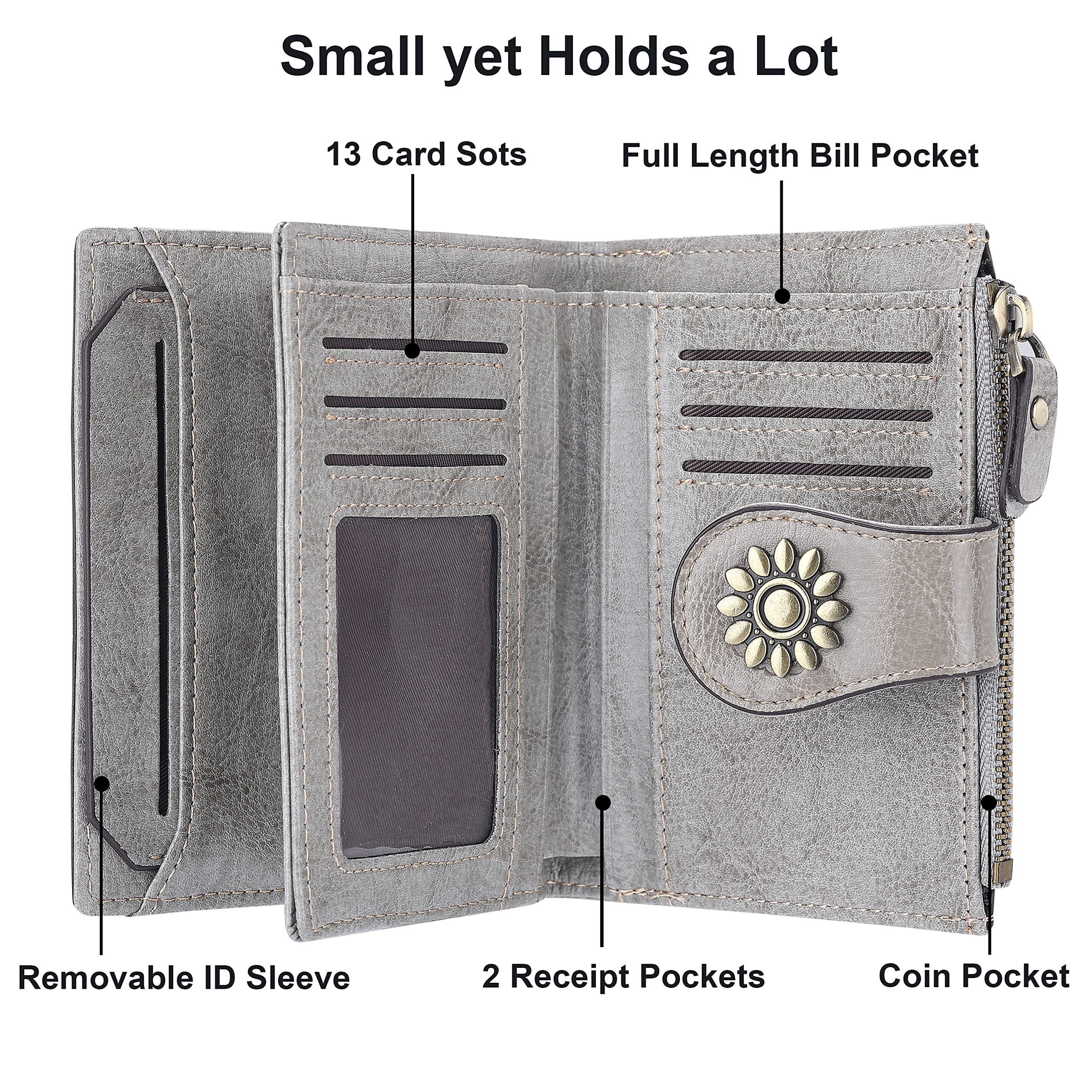 Lavemi - Cartera de Piel para Mujer con Bloqueo RFID pequeño Plegable para Tarjetas de crédito con Bolsillo con Cremallera para Ventana de identificación - Gris - Talla única