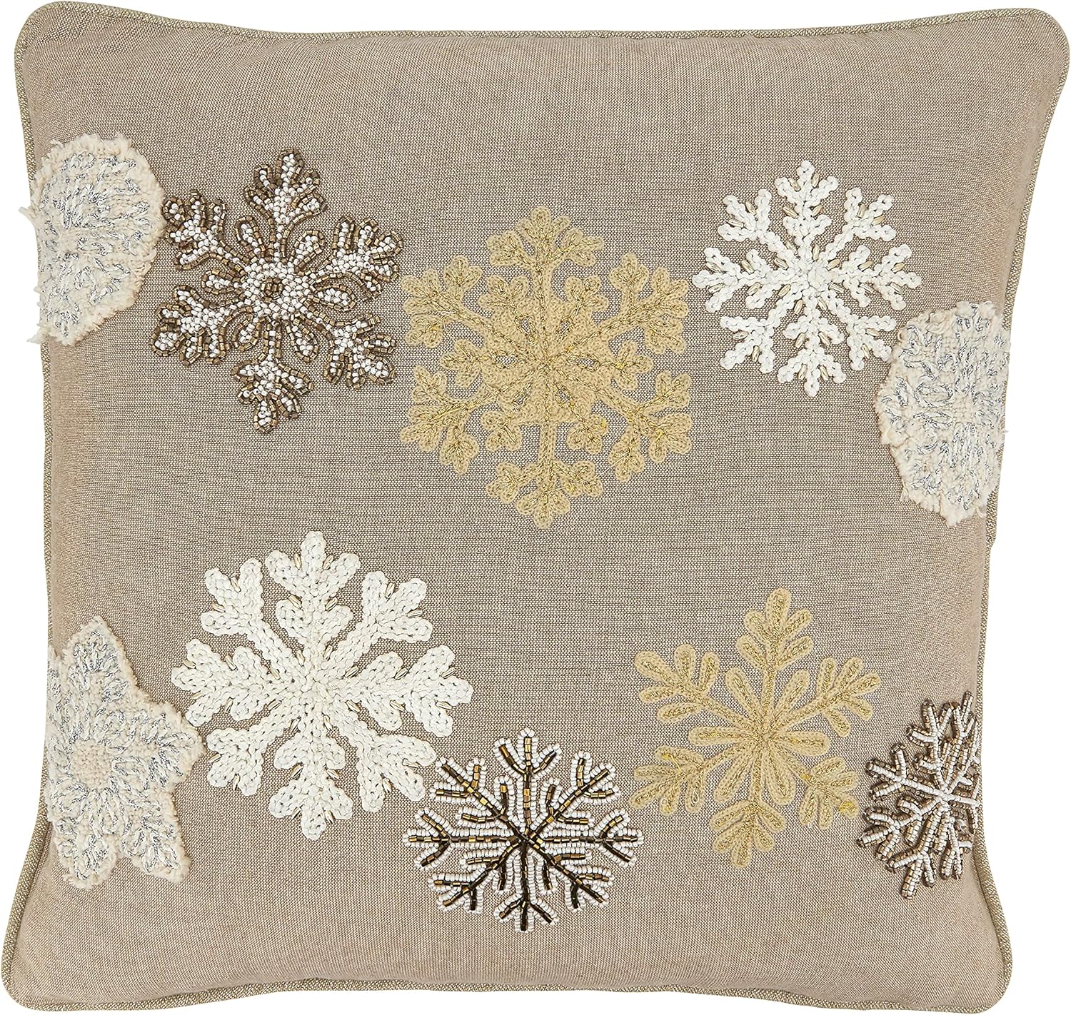 SARO LIFESTYLE Evangelina Collection Embroidered Snowflakes Throw Pillow with Poly Filling, 18", Natural