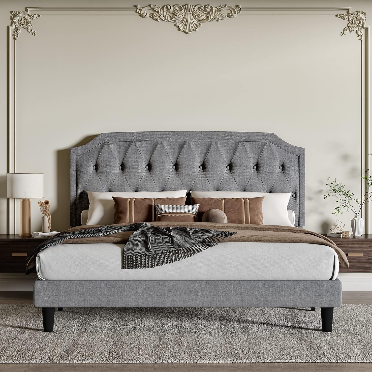 WEEWAY King Size Platform Bed Frame with Adjustable Curved