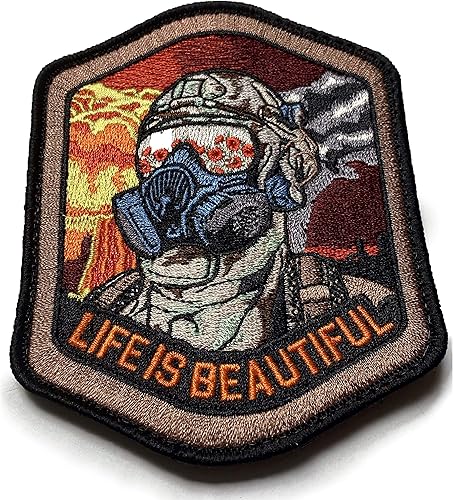 Miniatura 2 de Life is Beautiful - Field of Poppies Reflected in M5O CBRN Gas Mask - Tactical Morale Patch with Hook-Fastener Backing