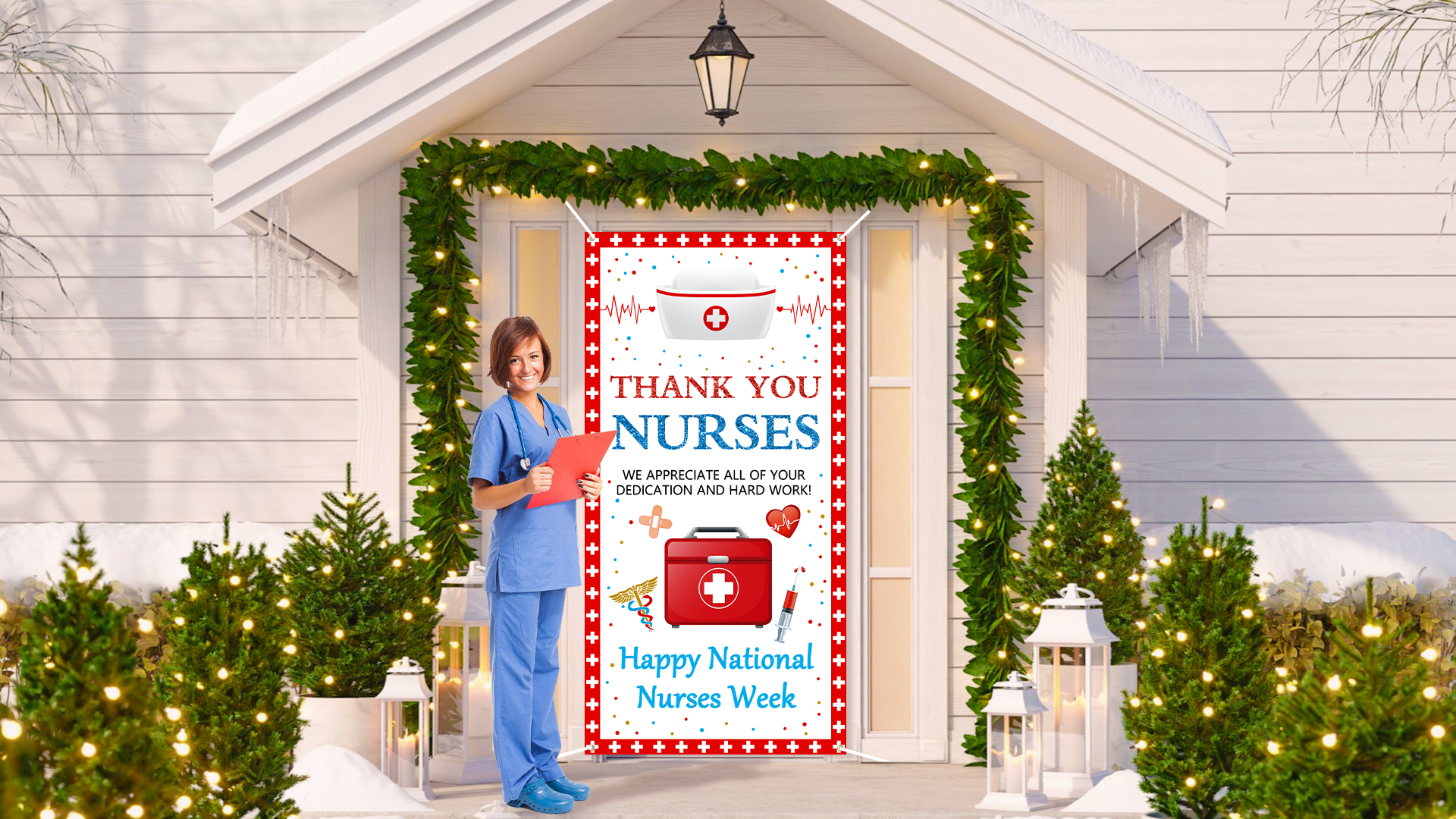 Arosche Nurse Appreciation Banner - 6x2.9 Ft Thank You Nurses Door Cover With Medical Hearts & Cap Design For Indoor/Outdoor Decor - View #4