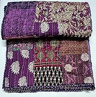 SambhavQuiltHub Vintage Indian Kantha Patchwork Reversible Quilted Throw Blanket 60x67 Purple - Super Soft Warm Boho Decor