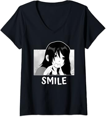 Amazon Com Womens Funny Sweet Manga Happy Face Big Smile Cute Girl Meme V Neck T Shirt Clothing Shoes Jewelry