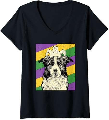 Border Collie Jester - Camiseta divertida con cuello en V para mujer Negro -