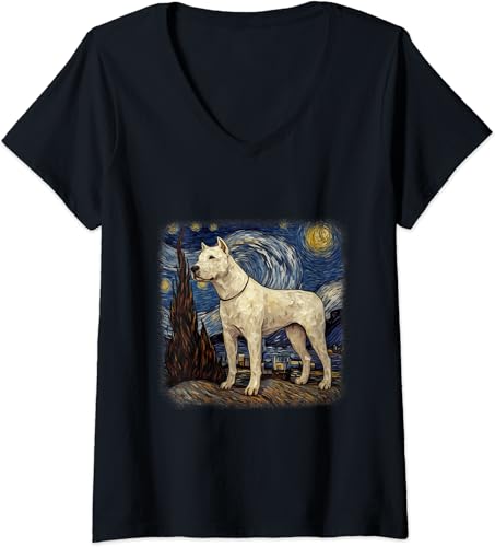 Womens Van gogh Dogo Argentino in starry night V-Neck T-Shirt