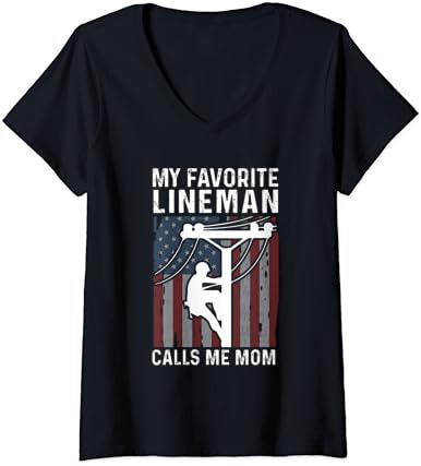 Womens My Favourite Lineman Calls Me Mother US Flag Moms Day V-Neck T-Shirt