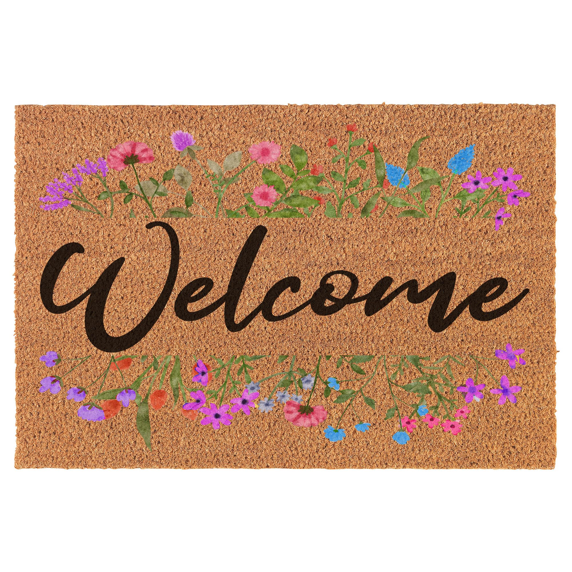 Welcome Doormat Coco Coir Door Mat Gift Welcome Spring Flowers Floral Frame (30" x 18")