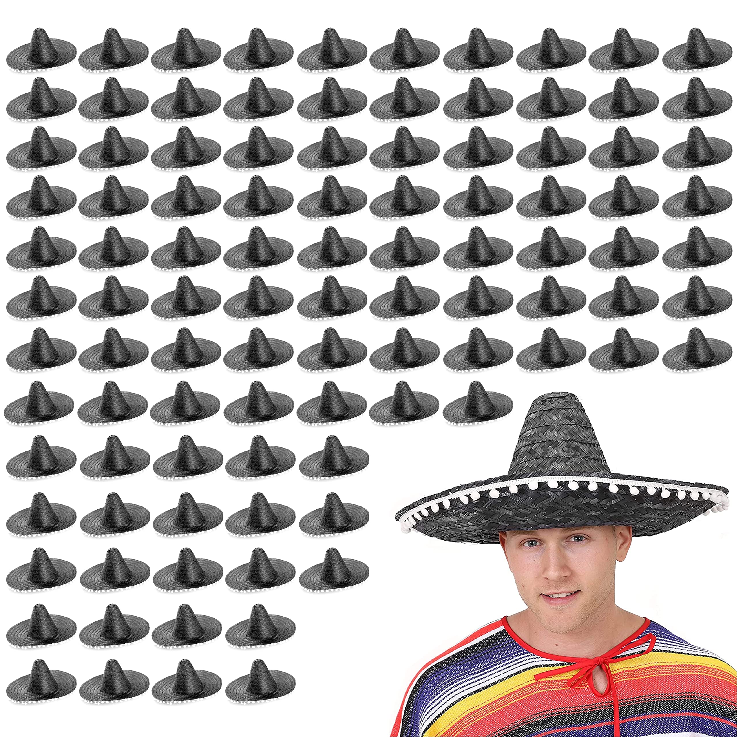 Black Mexican Sombrero - Pack of 12 - Straw Sombrero with White Pom Poms - Straw Hat Fancy Dress Costume Ideal for Hen/stag Night, Summer, Beach Party, Wholesale Bulk