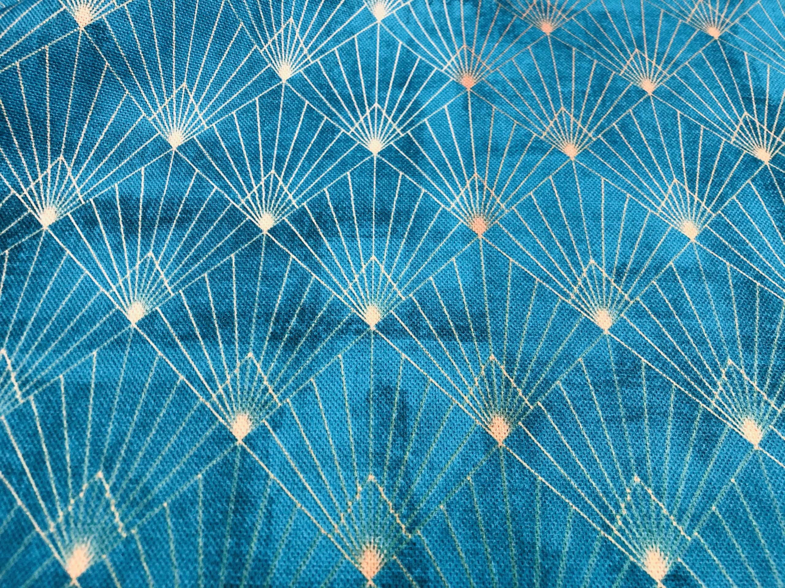 Diamond Art Deco Rhombus Damask Geometric Peacock Fan Fabric - Furnishing Curtains Upholstery Material - 140cm Wide (Sold by The Metre) (Turquoise & Gold)