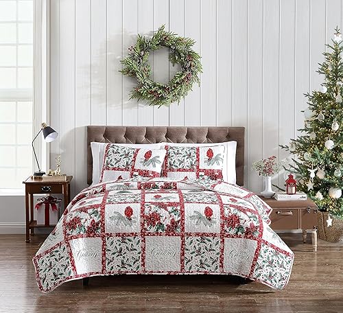 Beatrice Home Fashions Juego de ropa de cama ligera para cama individual, diseño de muérdago, acebo, flor de pascua, rojo, verde, blanco disponible en Yaxa Peru