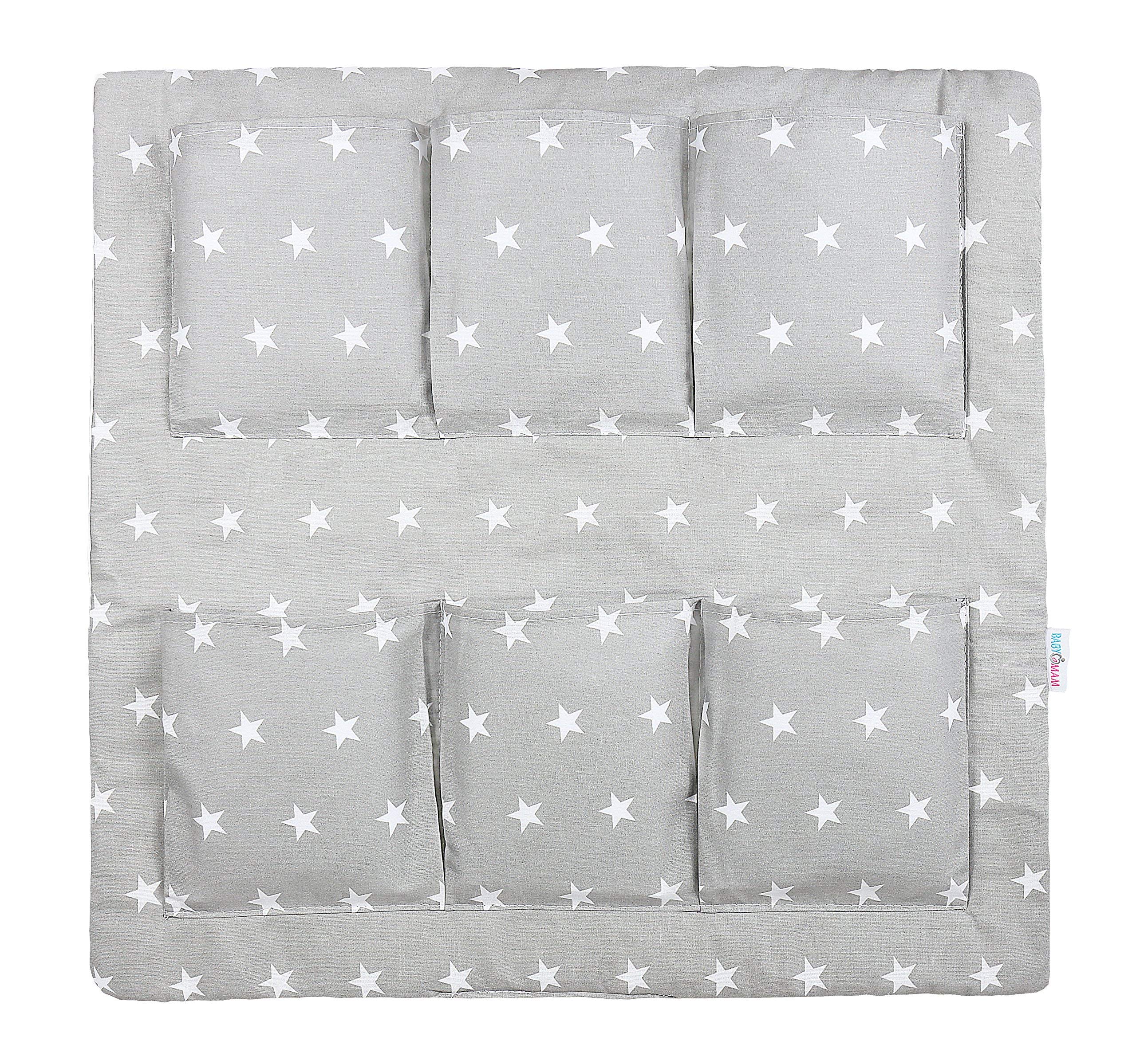 Baby COT Tidy Organiser Hanging Storage CotBed Nursery 6 Pockets BABYMAM (Small White Stars ON Grey)