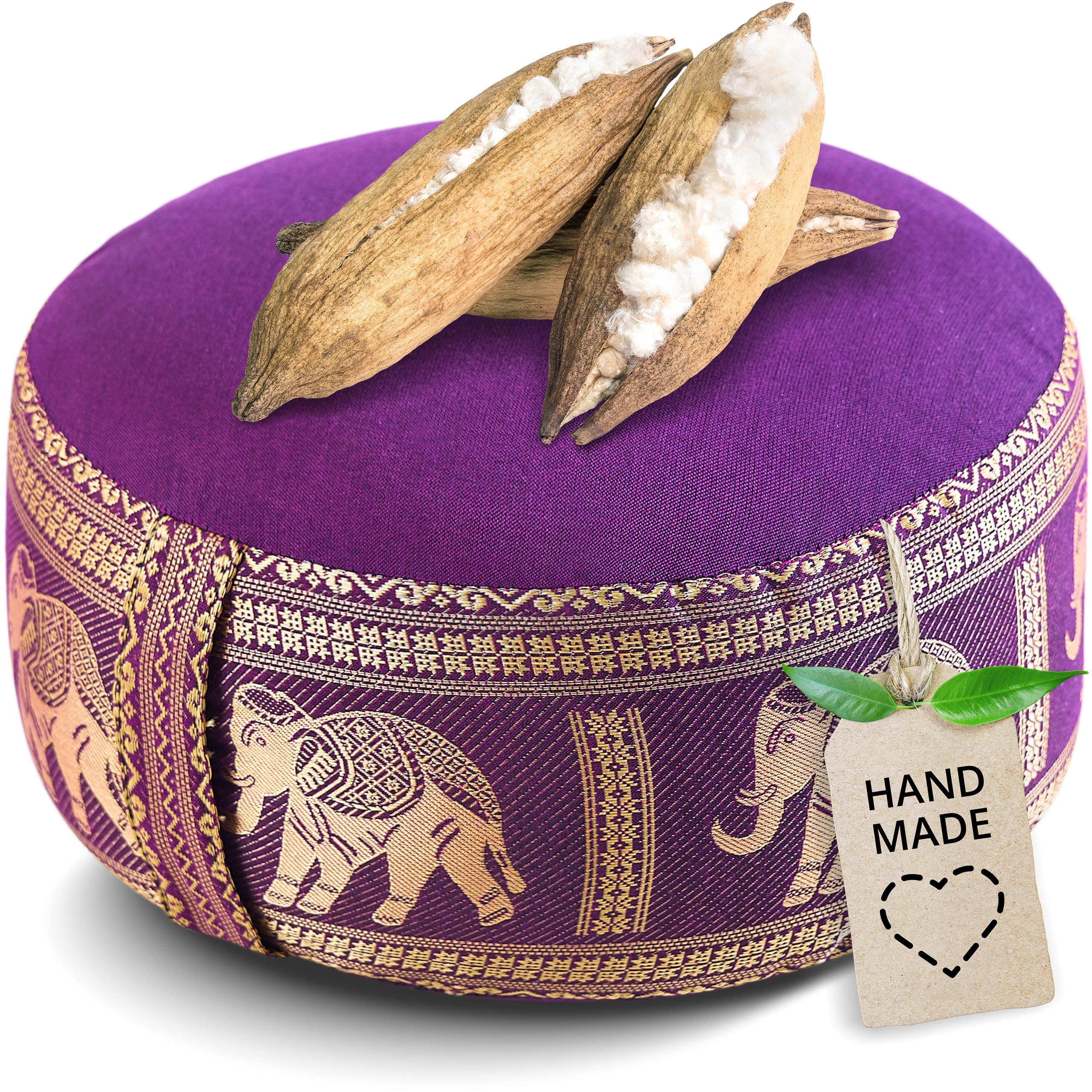 Livasia Purple/Elephants, Silk Meditation Cushion With Thai Silk - Ø 13X8″ - Yoga Cushion Small Kapok, Pouffe, Floor Cushion Yoga Zen Meditation, Seat Cushion Garden Balcony, Zafu Hand Made ()
