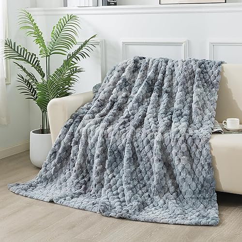 Miniatura 4 de Wajade Manta de felpa de piel sintética, suave patrón de diamante jacquard de doble capa de forro polar esponjoso para todas las estaciones,