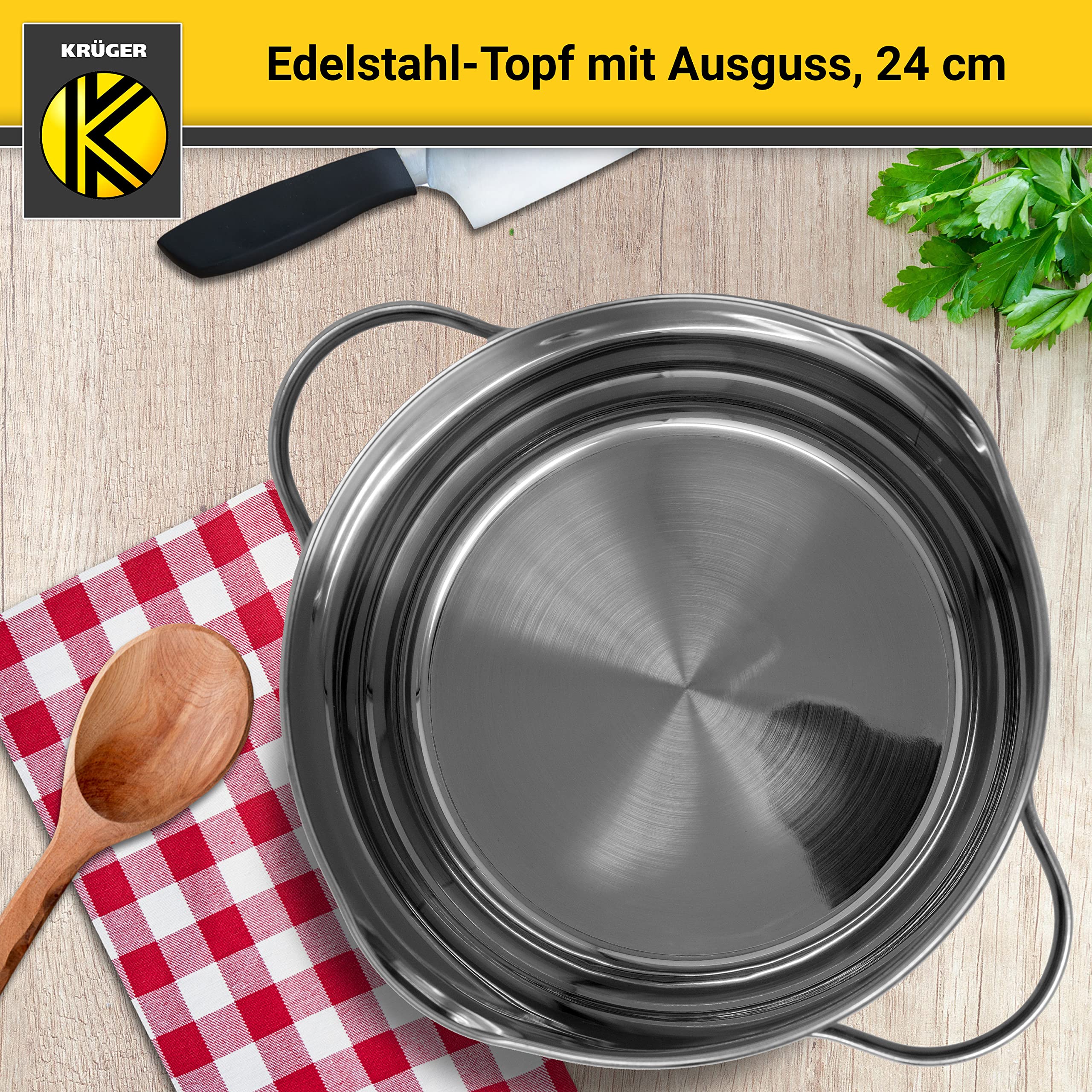 Krüger Edelstahl Kochtopf Ø 24 cm (5,0 L) | Mit Ausguss & Literskala