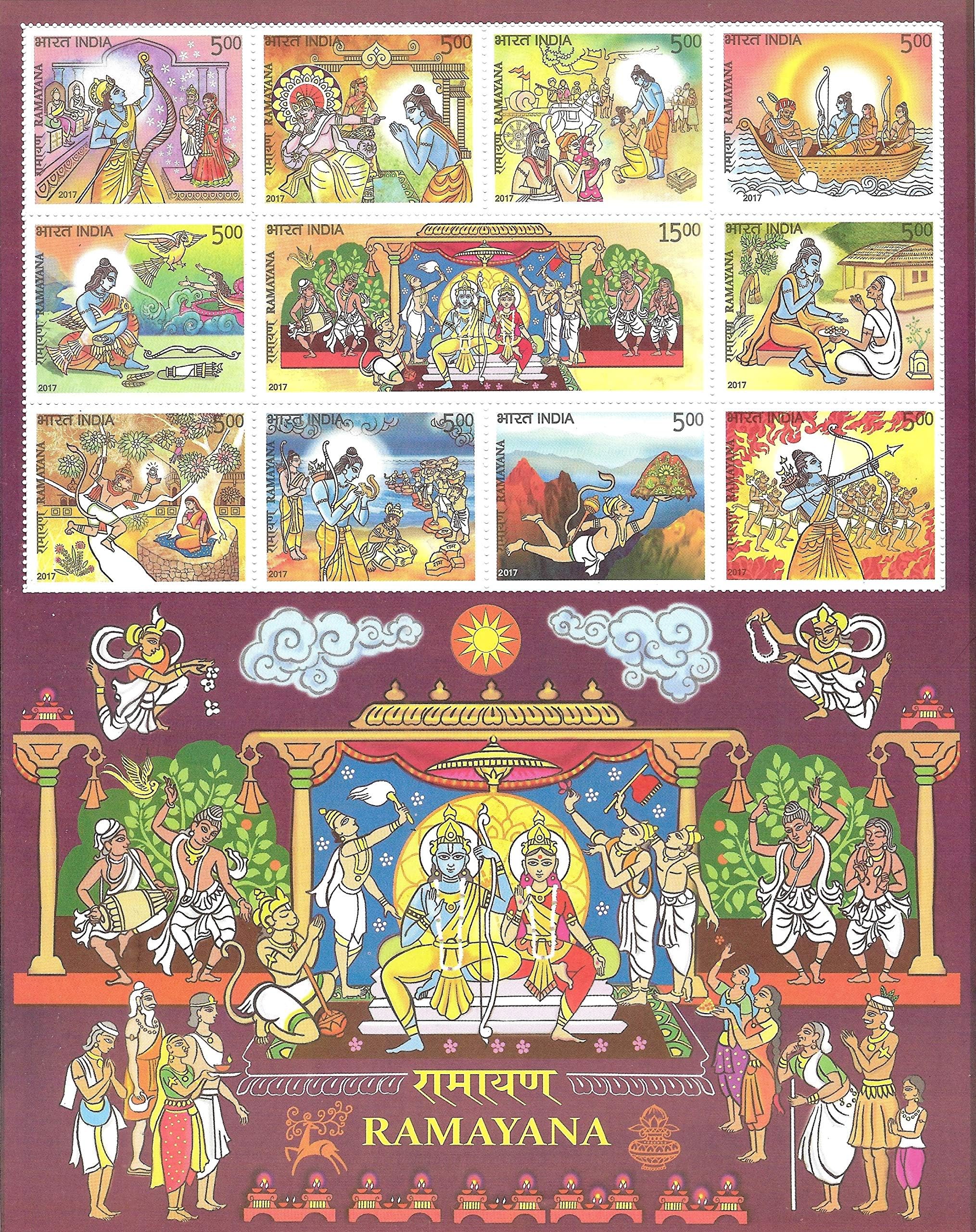 Kid India 2017 Ramayana Stamp Sheet โ Hindu Mythology Art Painting Sheetlet | Lord Rama Lakshman Sita Hanuman Collectible Postage Stamps | Rare Philately Collectors Souvenir Sheet
