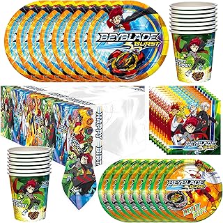 Treasures Gifted Officially Licensed BEYBLADE BURST Party Supplies - Serves 16 Guests Deluxe Set - BEYBLADE Birthday Party Supplies, Tablecloth, Plates, Napkins & Cups
