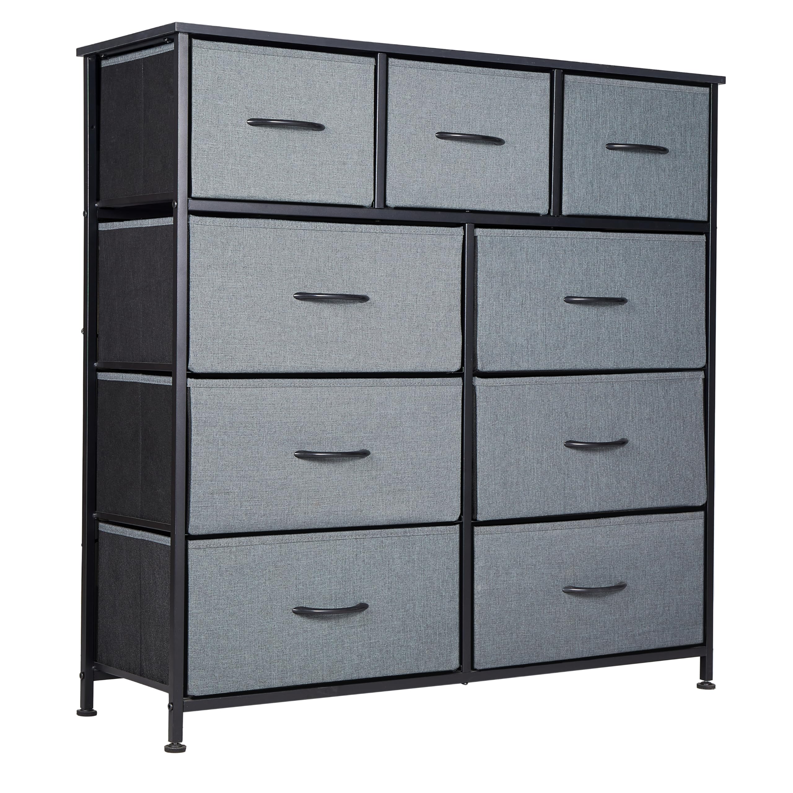 Panana Fabric Chest of Drawer, Tall Dresser Storage Drawer with 9 Drawers Bins for Closet - Steel Frame, Wood Top Organizer for Bedroom, Kids room, Living room, Closet (Deep Grey)