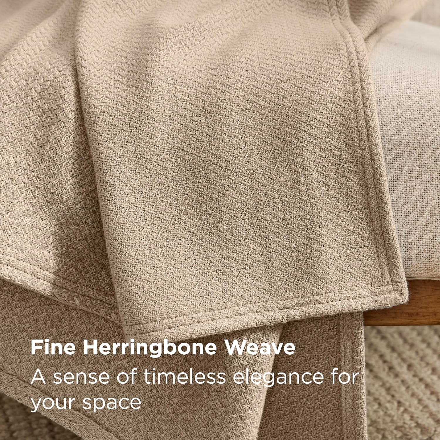 Bedsure GentleSoft 100% Cotton Blanket King Size for Bed - Cooling Breathable and Lightweight, Soft Cozy Textured Herringbone Woven Blanket for Summer, Khaki, 108x90 inches thumbnail
