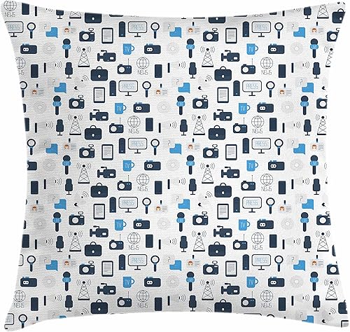 Azul y blanco, para el hogar o la oficina, en forma de cojín por Ambesonne, periodismo masa comunicación tema iconos prensa TV Noticias,cuadrado