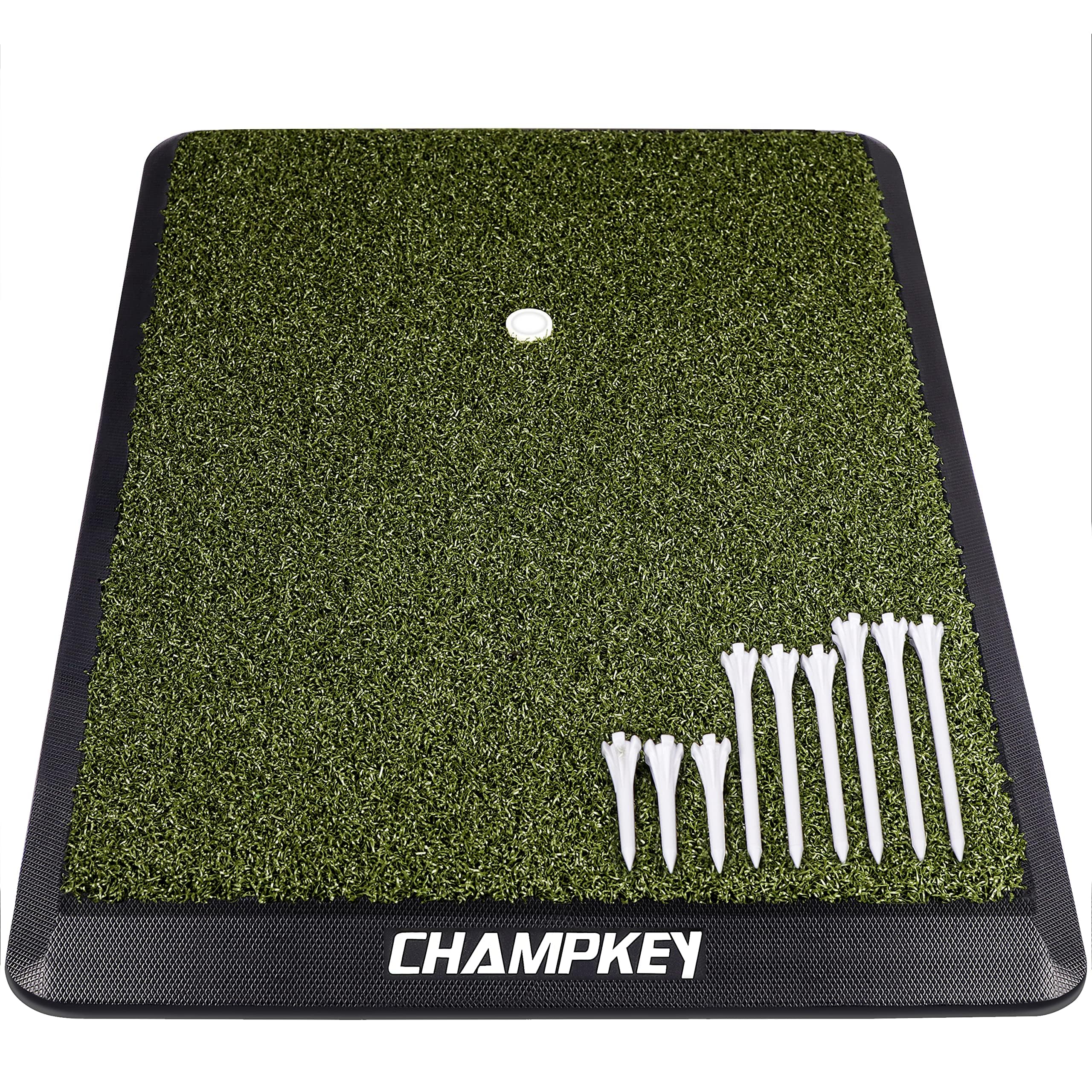 CHAMPKEY Premium Synthetic Turf Golf Hitting Mat | Heavy Duty Rubber Base Golf Practice Mat | Come with 1 Rubber Tee and 9 Plastic Tees