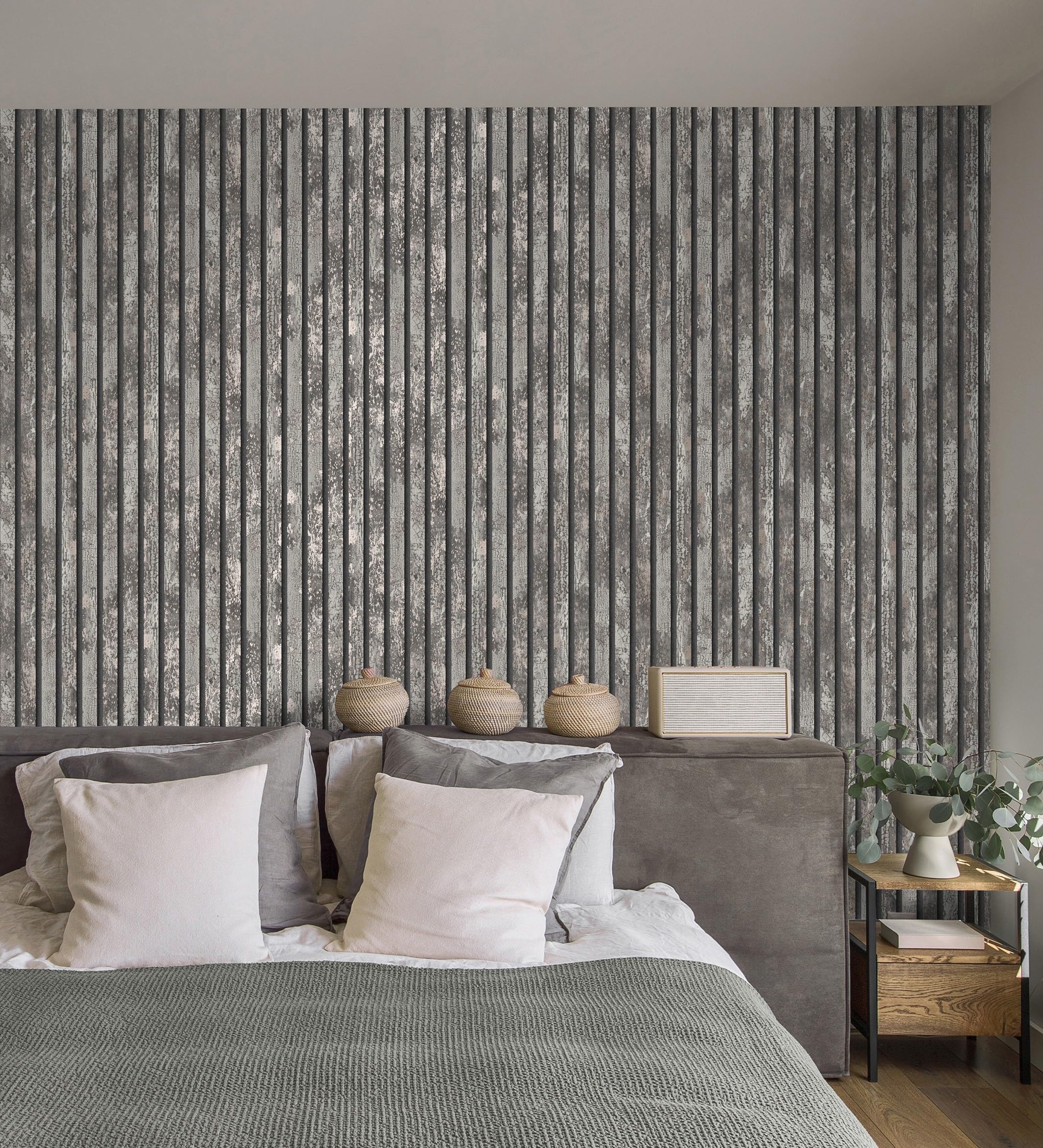 GAULAN 682387 - Papel pintado efecto listones de madera envejecida con detalles metalizados para pared salón dormitorio pasillo comedor - Rollo de 10 m x 0,52 m