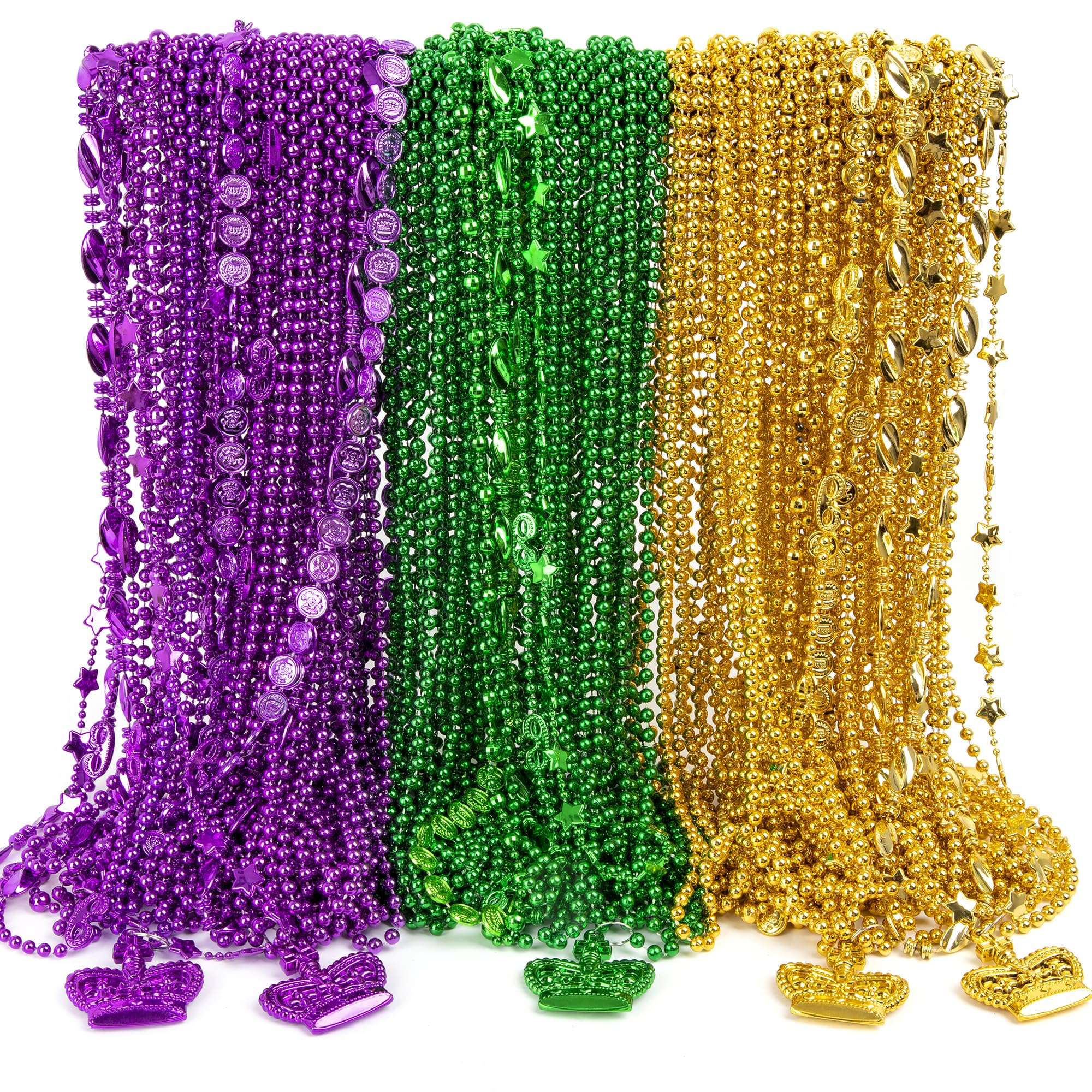 EOBOH Mardi Gras Beads Decorations, 120PCS Green Purple Gold Metallic Mardi Gras Beads Necklaces Accessories Bulks, Mardi Gras Beads Necklace Costumes for Parade Throws Party Decor Favor Supplies