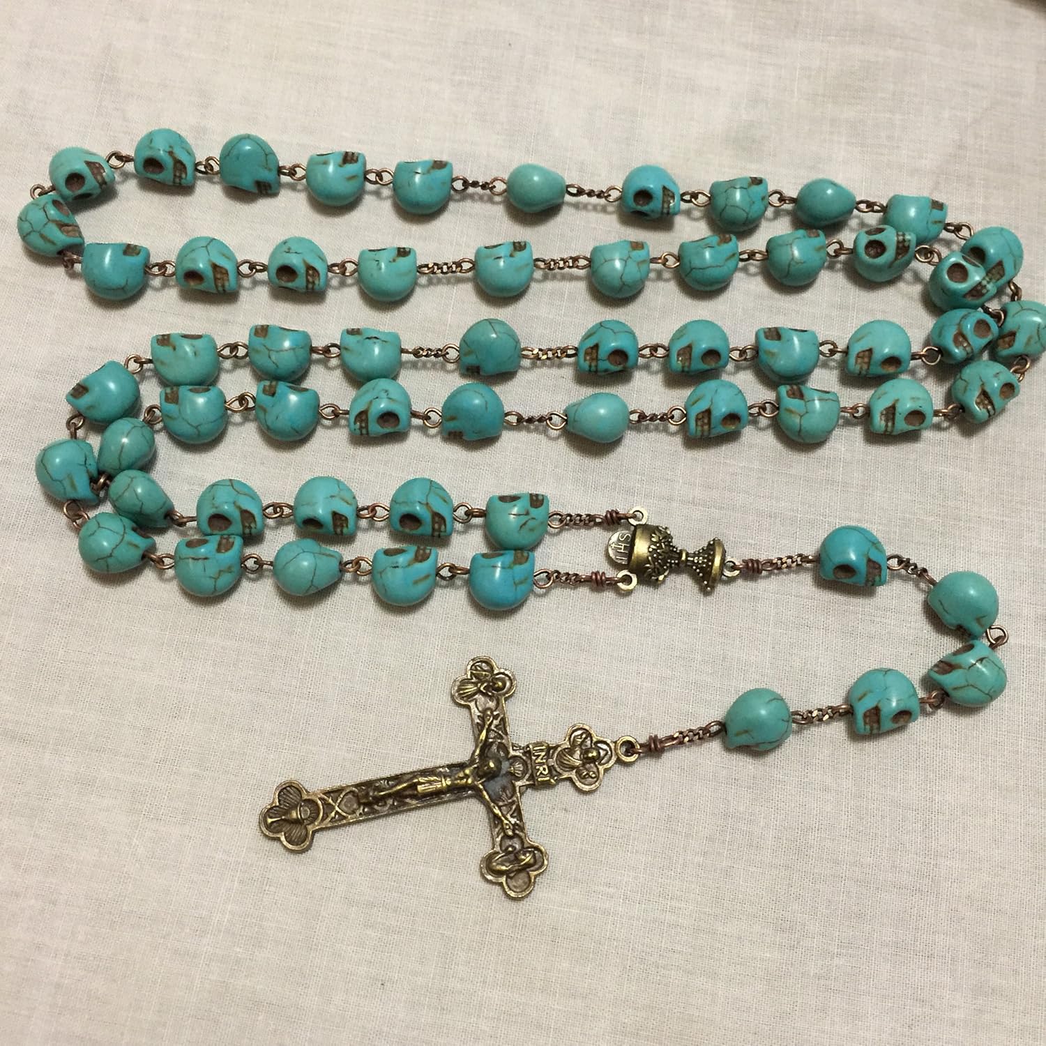 elegantmedical HANDMADE Catholic XL 10MM bule howlite skull beads Antiqued Rosary Bead Cross Bronze crucifix Necklace Catholic GIFTS - Image 5
