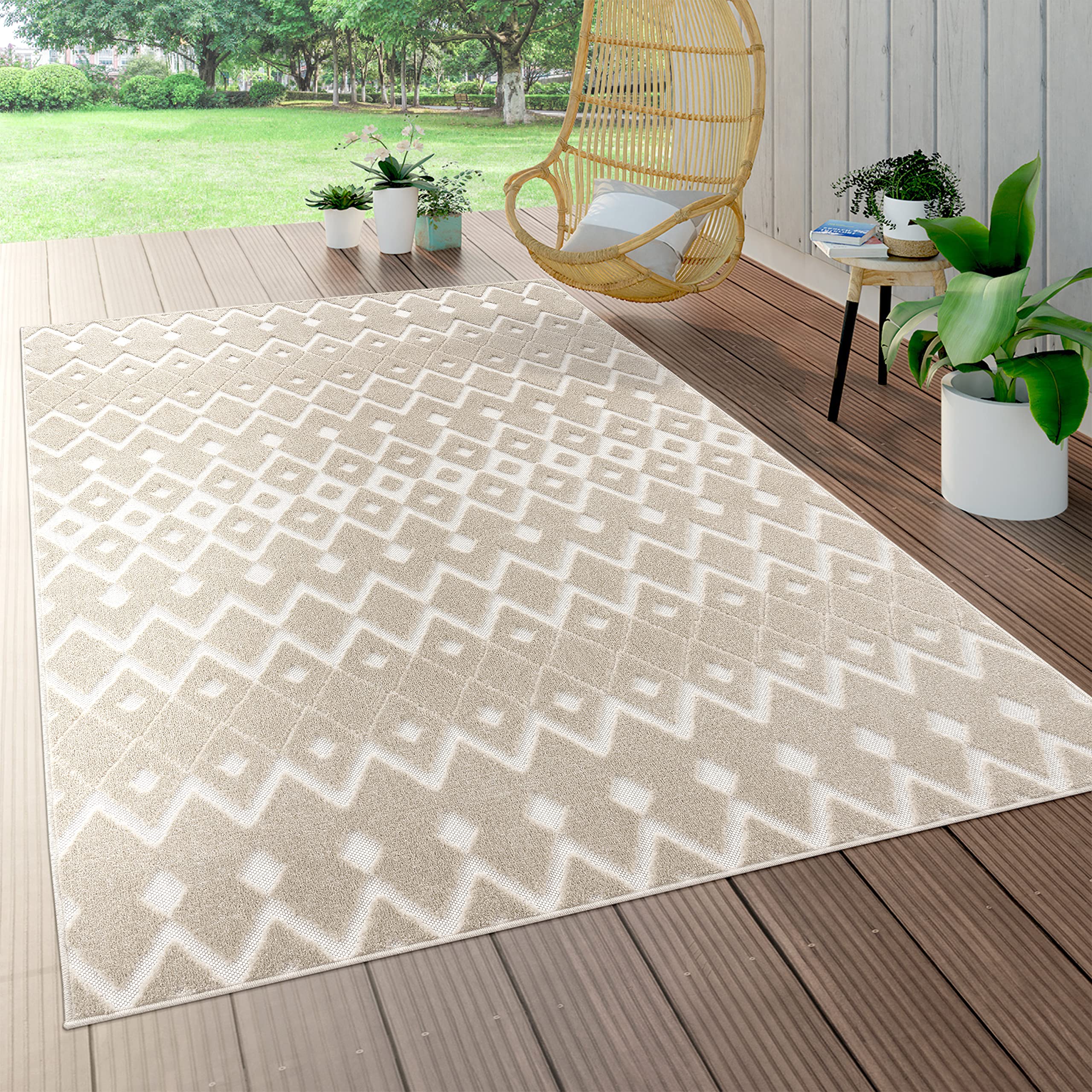 Paco Home Outdoor Teppich Wetterfest Wohnzimmer Balkon Küche Orientalisch Ornament Skandinavisch Geometrisches Muster 3D Effekt Modern, Grösse:120x170 cm, Farbe:Beige 6