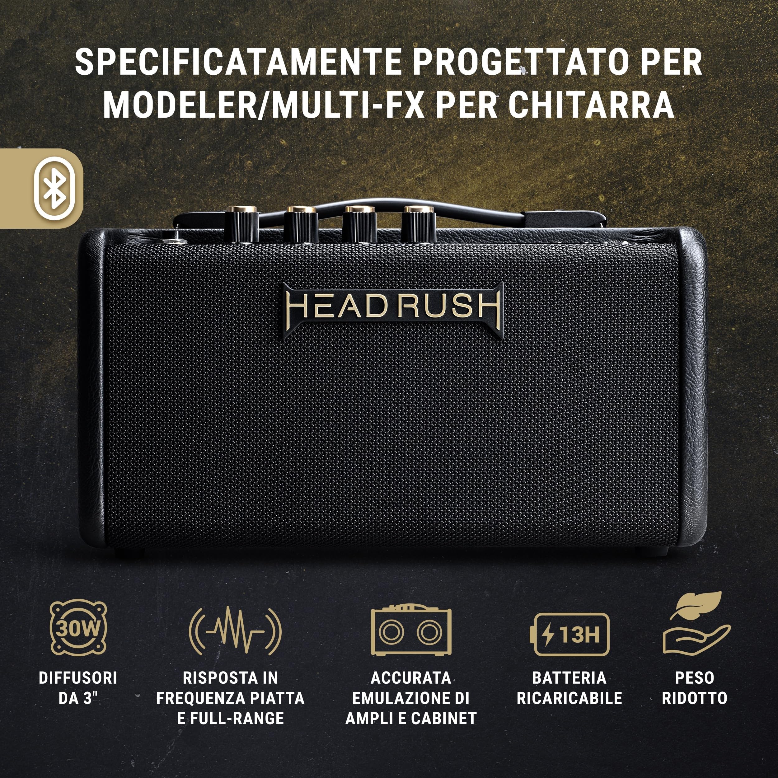 HeadRush FRFR-GO 30W Amplificatore per Chitarra Elettrica e Basso con Doppio Cono da 3", Bluetooth e Batteria Ricaricabile