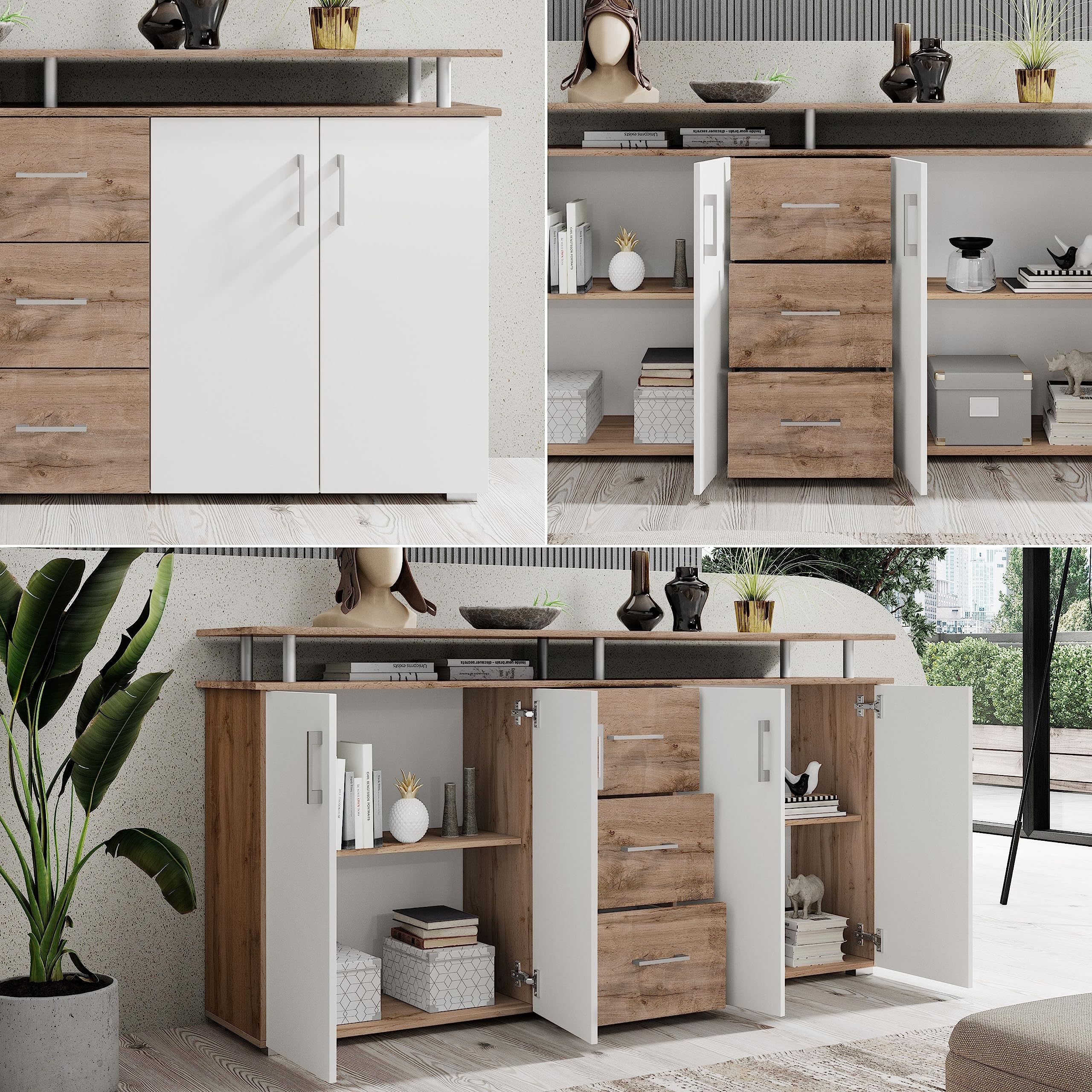 LIFT Highboard mit Ablage in Wildeiche Optik, Weiß - Moderner Wohnzimmerschrank mit Schubladen und viel Stauraum für Ihren Wohnbereich - 178 x 90 x 38 cm (B/H/T)