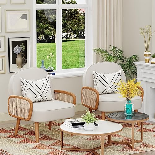 Miniatura 4 de Aklaus Silla decorativa moderna de mediados de siglo con brazos de ratán, tapizada de ratán, silla bohemia para sala de estar, dormitorio, balcón,