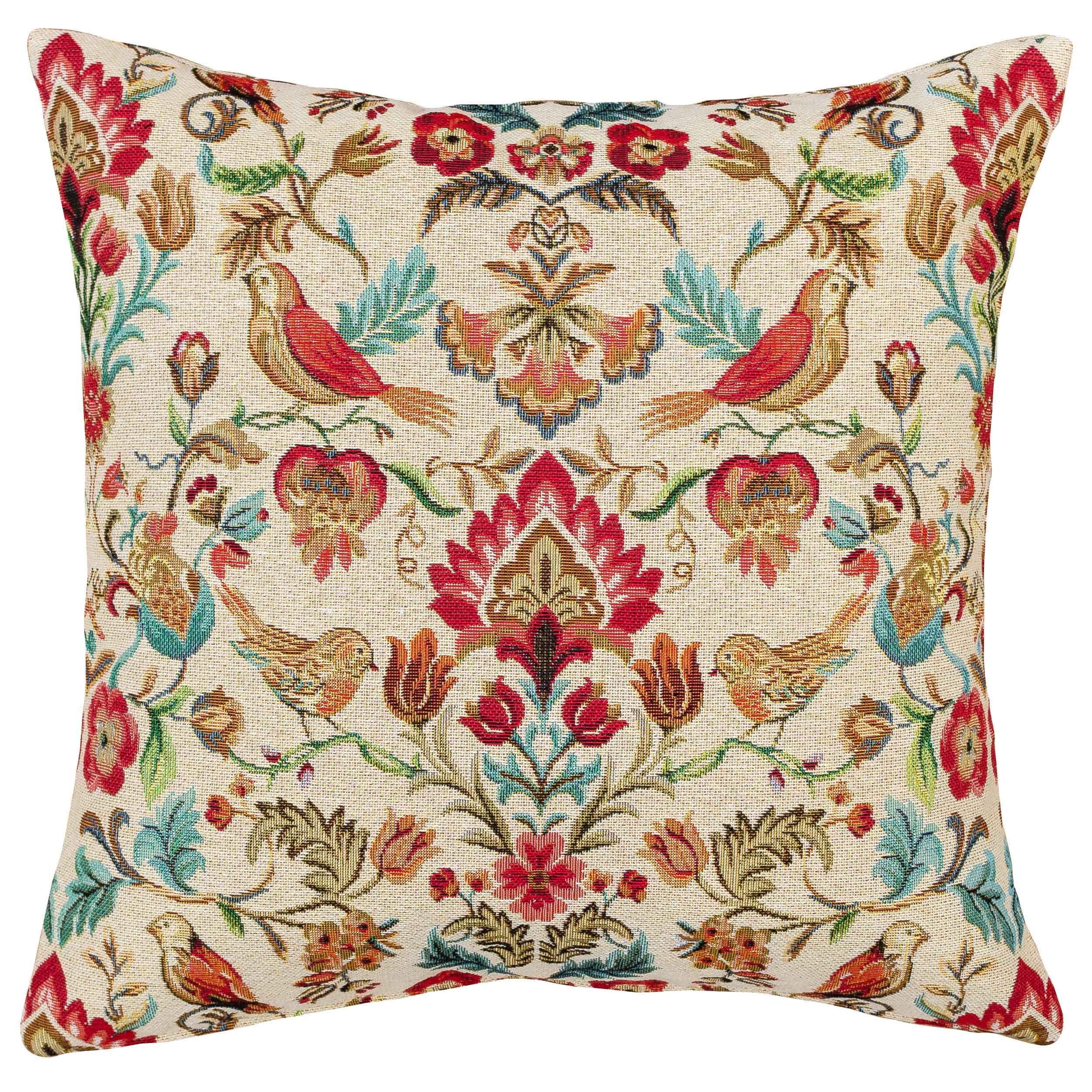 Linen Loft Multi Traditional Style Morris Tapestry Cushion Cover. Birds And Trailing Flowers. 17X17 (48Cm) Square Pillow Case. Vintage Victorian Styling.