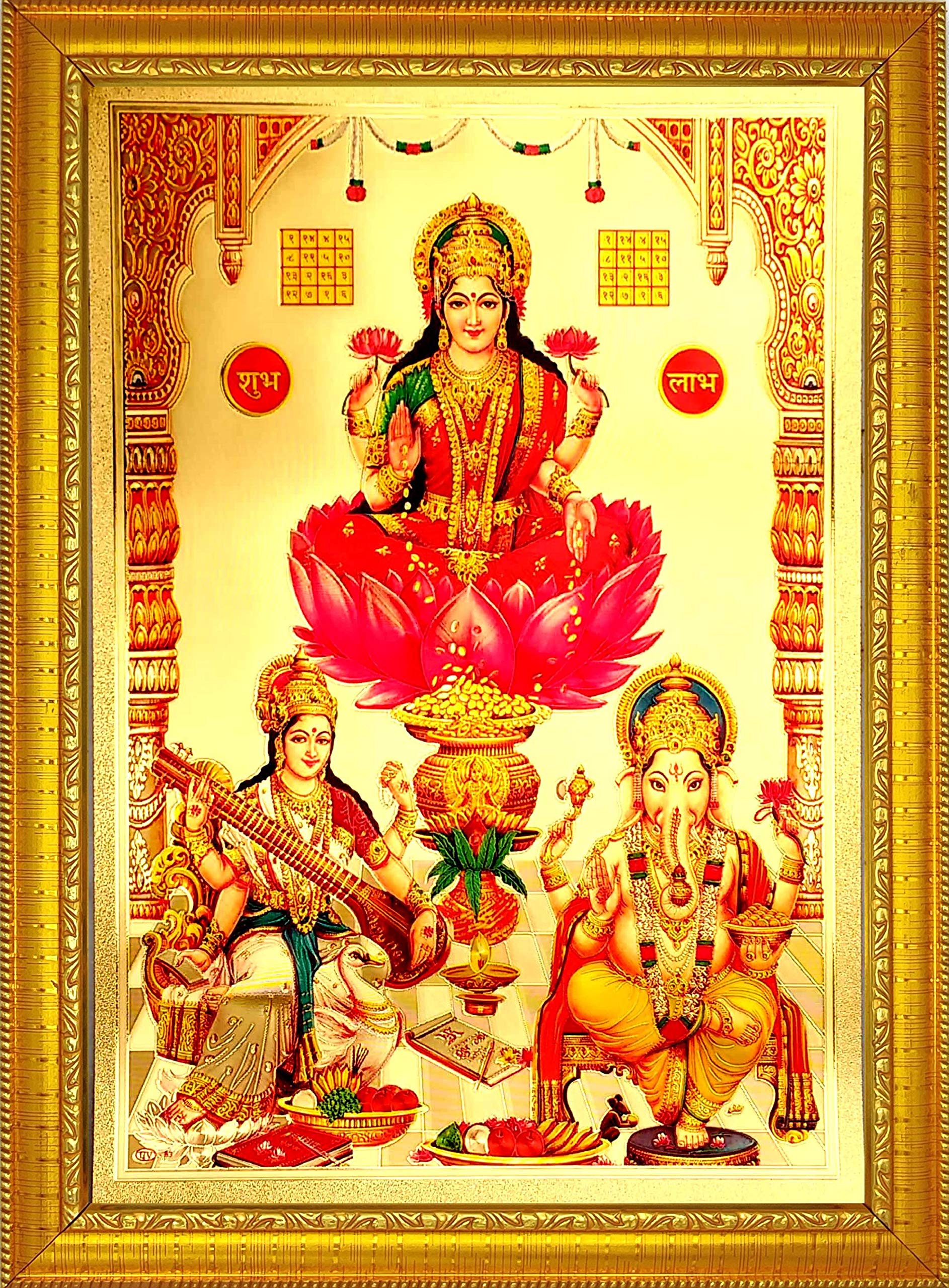 ADA Handicraft Shree Laxmi Ganesh Saraswati Wood Photo Frame For Wall Deepawali Pooja Home Decor Health Wealth Happiness (35 x 25 x 1 cm, Multicolour)