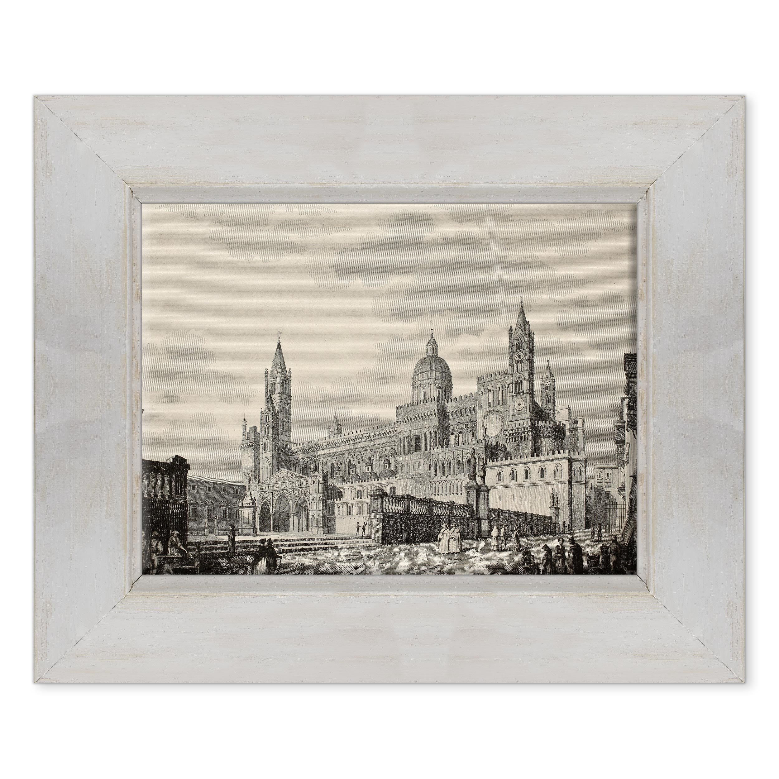 QUADRO SU TELA CANVAS INTELAIATO - CON CORNICE - Cattedrale di Palermo - Incisione Antica del 1850 circa - 30x40cm - Stile Country Bianco Shabby - (cod.2801)