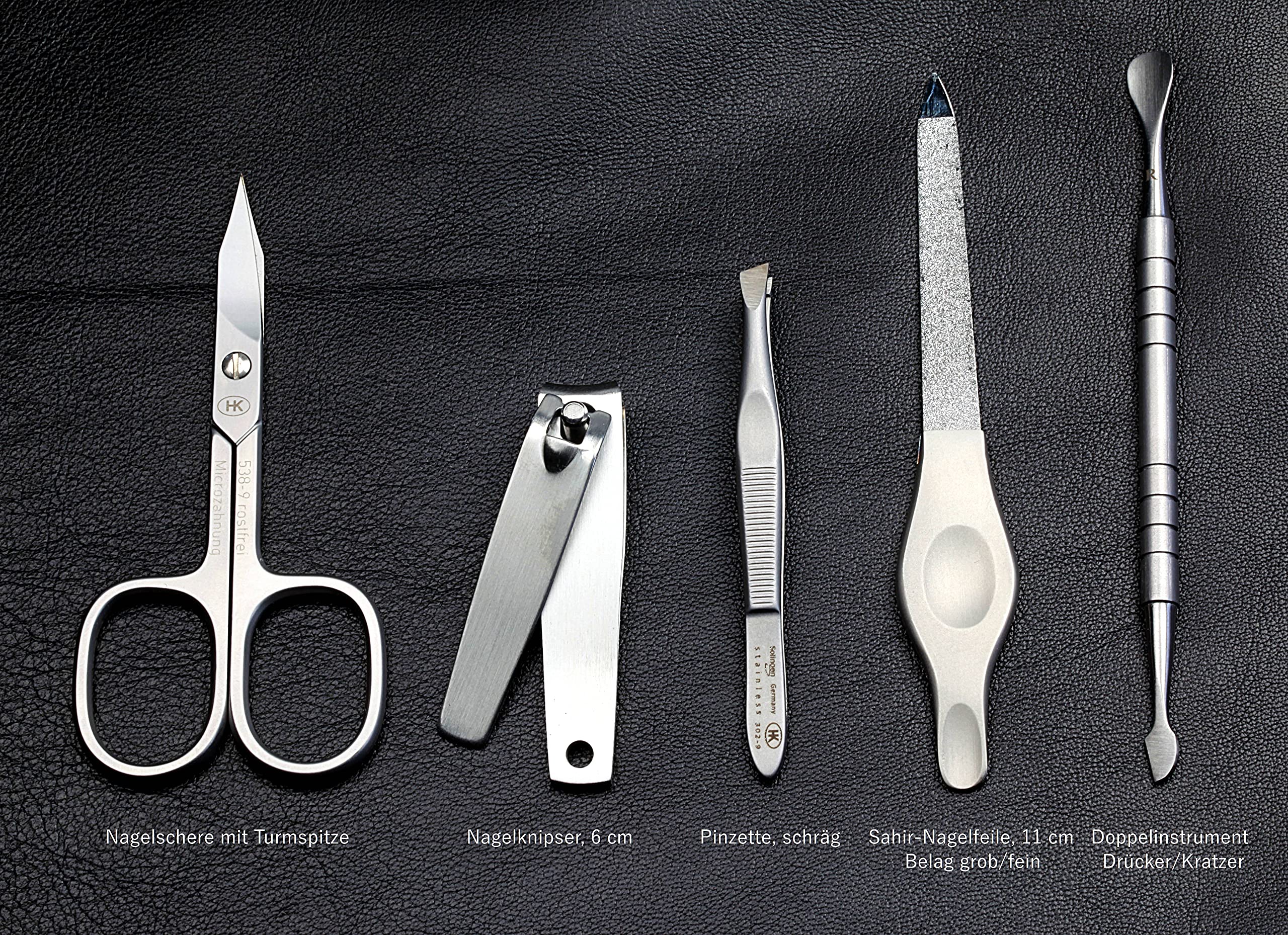 by Hans Kniebes – 5-teiliges Maniküre Set – Nagelschere, Knipser, Feile, Pinzette, Doppelinstrument – Manicure-Etui aus Nappa-Ziegenleder schwarz