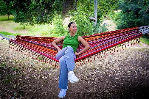Miniatura 5 de Hamaca clásica bohemia con borla, hecha a mano, resistente a la intemperie, hamaca para interiores y exteriores, ligera y duradera, para patio,