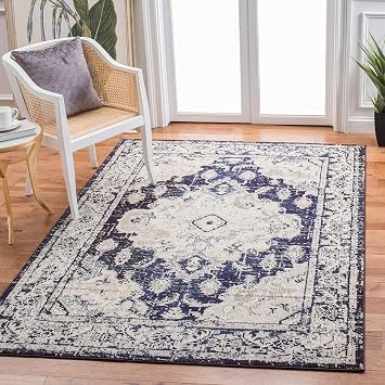 SAFAVIEH Monaco Collection Area Rug - 9' x 12', Ivory & Navy, Non-Shedding & Easy to Clean, Distressed Medallion Design, Ideal for Living Room, Bedroom, Dining Space (MNC243C)